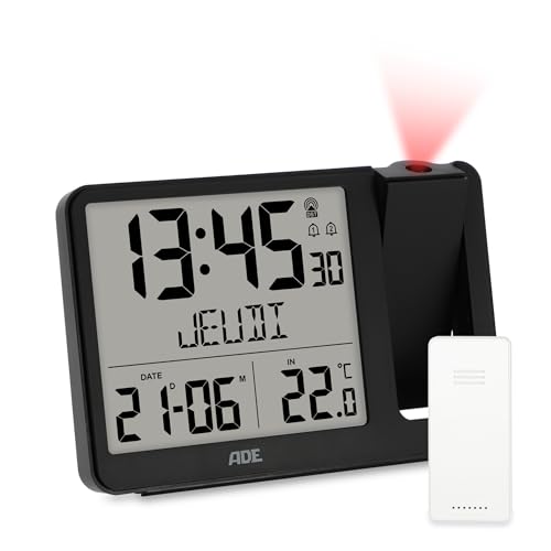 ADE Réveil Radio piloté avec Projection | Horloge numérique avec capteur extérieur | Affichage de la température, Date et Jour de la Semaine en français | câble...