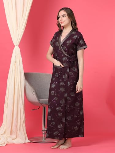 Image of 9shines Label Stylish Cotton Nighty Robe for Women | Front Open Floral Housecoat | Wrap Nighty with Pocket | Adjustable Waist Tie | Plus Size housecoat (HC-2026)