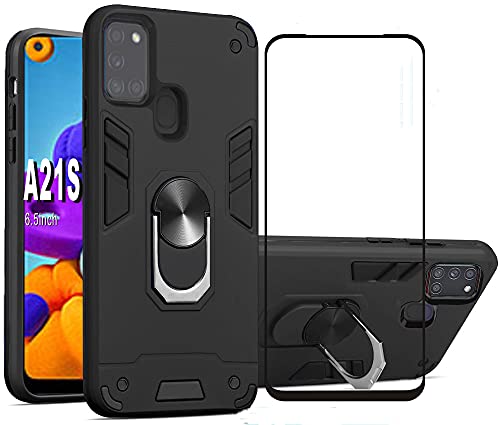 Samsung galaxy A21S Phone Case Folmecket With Screen Protector 360 Degree Rotating Metal Ring Shock Absorption Reinforced Corner TPU (A21S Black) 6.5