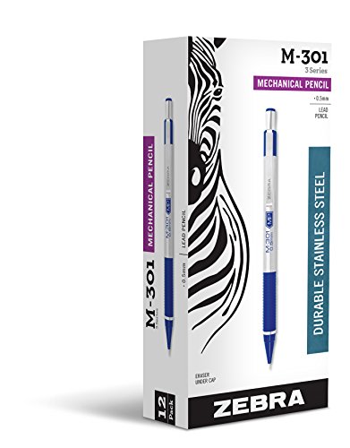 Zebra M-301 Stainless Steel Mechanical Pencil, 0.5mm Point Size, Standard HB Lead, Blue Grip, 12-Count