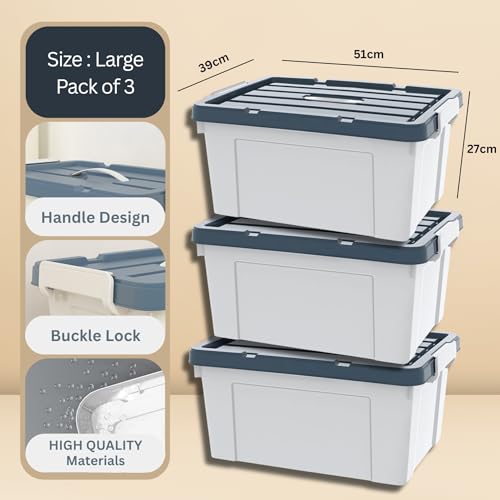 Image of HoopVool Multipurpose Plastic Storage Container Box - Sturdy and Versatile Home Organizer, Available in Multiple Size. (HEAVY GREY, HEAVY GREY LARGE- 20X15.7X11 INCH, PACK OF - 3)