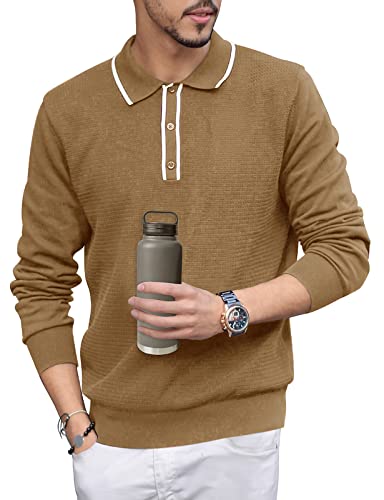 Men-Golf-Polo 100%-Cotton-Shirts Knit-Dry-Fit Lightweight-Long-Sleeve-Knitwear - Casual Quick Dry Stretch Breathable Sweatershirts Khaki XXL