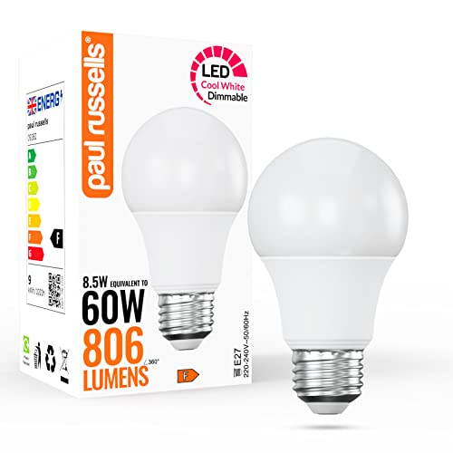 paul russells LED GLS, Dimmable Edison Screw Light, 8.5W 806 Lumens E27 A60 LED Bulbs, 60w Equivalent, 4000K Cool White
