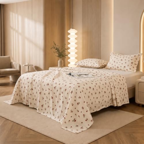 Image of Marrow Lane 300 TC Soft Air Cotton Double Bedsheet | Rose Posy | Flatsheet with 2 Pillow Covers | Ditsy Rosebud Print (228.6 x 254 cm, Ivory & Red)