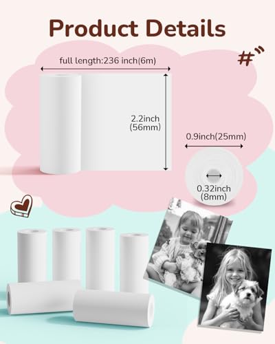Image of White Photo Printer Refill Compatible with ESOXOFFORE & Liscuty P02 & Most Kids Cameras, Compatible with NADAIIN D20 D21 Phomemo Memoking T02 M02 Paper, 6Rolls(57MM*6M /Roll), BPS /BPA-Free, Not for K23