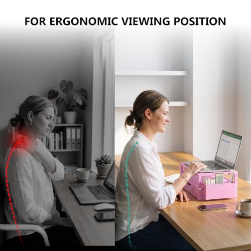 Image of WALI Desk Organizer with Drawer and Pen Holder, 3 Tier Computer Monitor Stand for Home Office Supplies, Laptop Stand Riser for Computer, Laptop, Printer(PTT004-P), 1 Pack, Pink