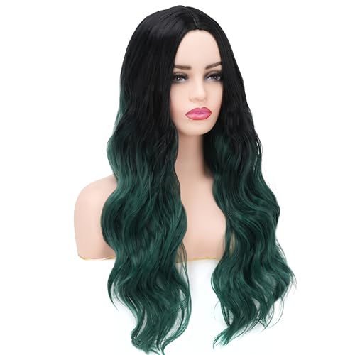 Black and Green Wig for Women Long Curly Wavy Wig Ombre Dark Green Wigs Middle Part Natural Looking Wig for Daily Party Use - Image 5