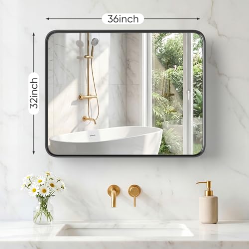 Image of Sweetcrispy Bathroom Mirror 36x32 Inch Metal Framed Rounded Rectangle Vanity Mirror for Wall, Over Sink, Farmhouse, Restroom, Anti-Rust, Modern Decorative, Horizontal or Vertical Hanging, Black