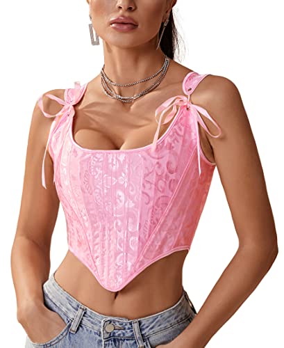 Image of Dreay Womens Vintage Asymmetrical Hem Overbust Corset Tie Front Lace-up Back Bustier Shapewear Top