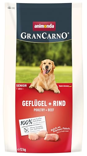 animonda GranCarno Senior Hundetrockenfutter getreidefrei Geflügel + Rind (1 x 12 kg), Trockenfutter für ältere Hunde ohne Gluten und Weizen, Hundefutter trocken mit hoher Bekömmlichkeit