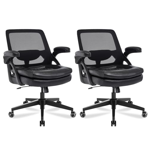 Image of Big and Tall Office Chair, 500lbs Mesh Heavy Duty Ergonomic Desk Chair with Flip-up Armrests, Plus Size Wide Seat in PU Leather, 360 Swivel Computer Executive Task Chair for Home Office (Black)