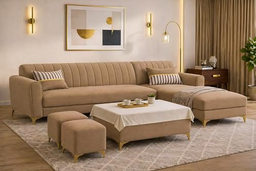Image of Adorn India Premium Luster 8 Seater L Shape Sofa Set with 2 Puffy & 1 Center Table | Velvet Suede Fabric | 3-Year Warranty | RHS | Camel with Golden Legs & Striped Pattern Cushion