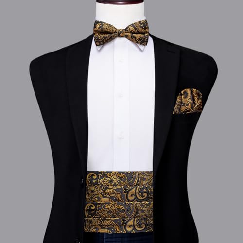 Image of Dubulle Mens Cummerbund and Bow Tie Set Paisley Floral Pretied Bowties for Men Pocket Square Cufflinks Wedding Business