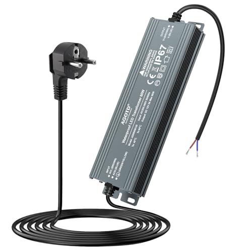 AGOTD Transformateur LED 12 V 60 W IP67 étanche 12 V avec prise - Transformateur d'extérieur 230 V vers DC 12 V 5 A - Driver LED extérieur pour pièces...