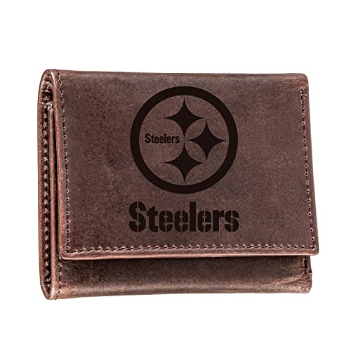 Evergreen Team Sports America NFL Pittsburgh Steelers Brown Wallet | Tri-Fold | Officially Licensed Stamped Logo | Made of Leather | Money and Card Organizer | Gift Box Included