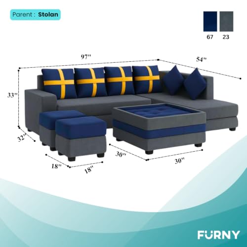 Image of FURNY Premium Arora 8 Seater Fabric RHS L Shape Sofa with 2 Ottoman + 1 Centre Table Ottoman Set for Living Room | with Velvet Fabric | in Dark Blue & Dark Grey Color | Durable Co