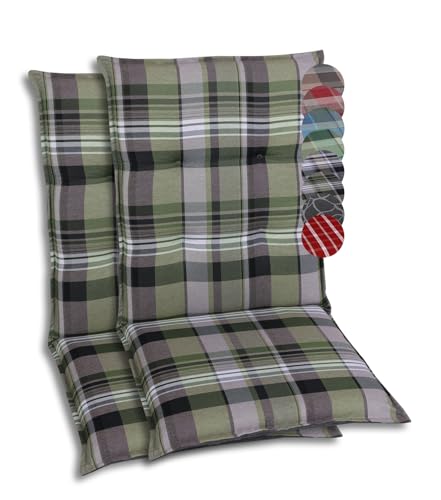 GO-DE Textil Bequeme und attraktive Polsterauflagen für Mittellehner-Gartenstühle (2er-Set, Karo Grün-Grau, Mittellehner)