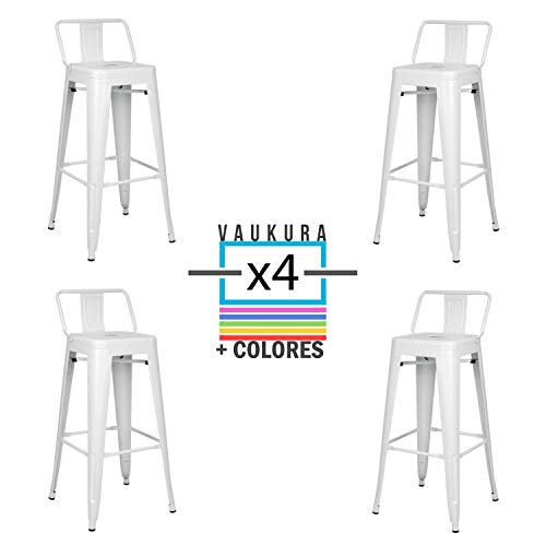 Vaukura - Taburete Alto Tolix con Respaldo bajo (Pack 4) - Taburete Industrial Alto (Blanco)