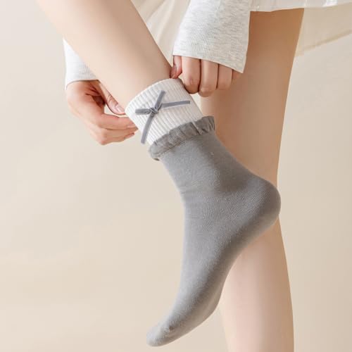 Image of Yomutiur Crew Socks for Women, Double Ribbed Sock Cuff with Cute Bow Sweet Cotton Rolled Socks Odor-resistant