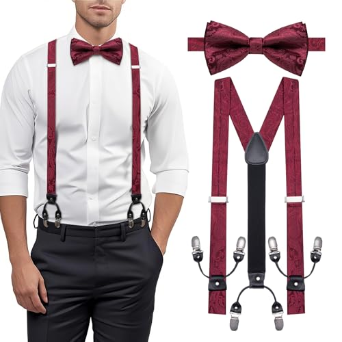 Image of YOHOWA Men Suspenders 6 Clips Strength Adjustable Y Braces Pre-Tied Bow Tie Set Formal Wedding Party