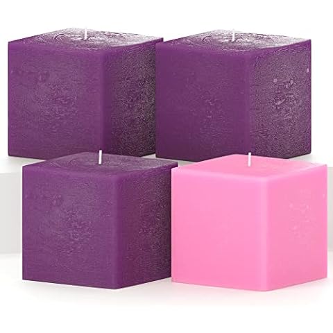 CANDWAX 3 inch Pillar Candles for Home Set of 4 pcs - Rustic Pillar Candles Unscented and No Drip Candles - Ideal as Candles for Advent Wreath or Christmas Decorations - Purple Advent Square Candle Cover