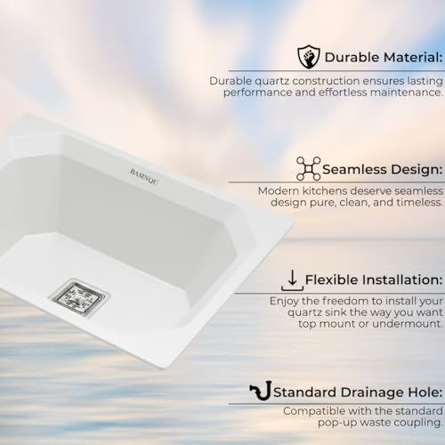 Image of BASINQU Quartz Sink for Kitchen | 24x18x9 Inches White Single Bowl Sink For Kitchen Basin Diamond Designed | Granite UV Protected Scratch Resistant, Undermount /Topmount Kitchen Sinks