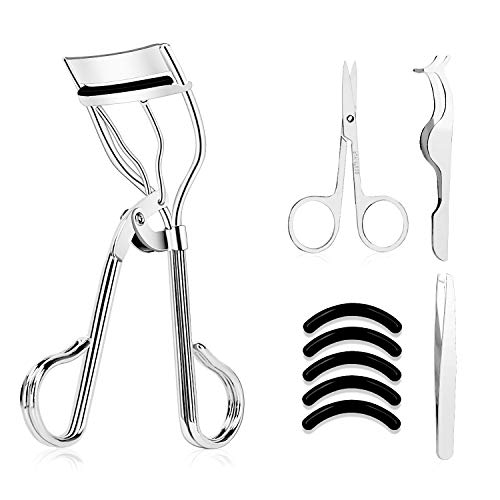 Eyelashs make-up kits, 5 in 1 (eyelash curlers, eyelash extension daub, eyebrow tweezers, scissors, and 5 pieces of black silicone padding), suitable for all eyes in the shape of eyelash(Silver)