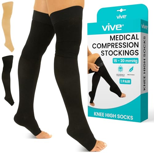 Image of Vive 15-20 mmHg Open Toe Thigh High Compression Socks for Men & Women - Thigh High Compression Stockings & Support Hose for Varicose Veins, Circulation & Pregnancy Support - Over the Knee Leg Sleeve