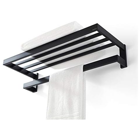BUVELOT Towel Racks for Bathroom, Square Modern Hotel Style Towel Shelf with Towel Bar, Bath Towel Holder Wall Mounted, 24Inch, Matte Black, No Assembly, 073100-MB Ler Series Cover
