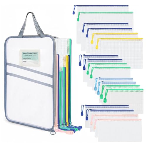 ROYPACK 18-Pack Mesh Zipper Pouch Set with 1 Organizer Bag, 5 Sizes (A4 A5 A6 Bill B6) Clear Waterproof File Bags for Categorized Storage, Professional Travel & Home Office (19pcs)