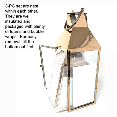 Image of Allgala 3-PC Lantern Set 24 Inch Jumbo Deluxe Modern Indoor /Outdoor Candle Lantern Set Rose Gold Stainless Steel Frame Tempered Glass Pyramid Top for Garden Poolside Fireplace Wedding