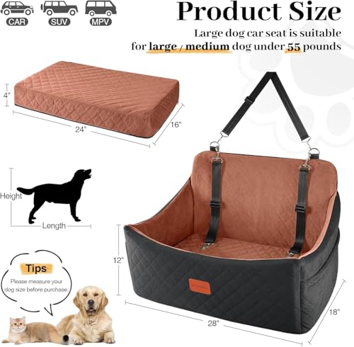 Wooaidagg Dog Car Seat for Medium Sized Dog Up to 55lbs,Super Soft Fabic Pet Car Seat Filling in Memory Foam, Car Dog Bed with Safety Belt Loops,Fully Detachable and Washable (Black/Brown,Large)