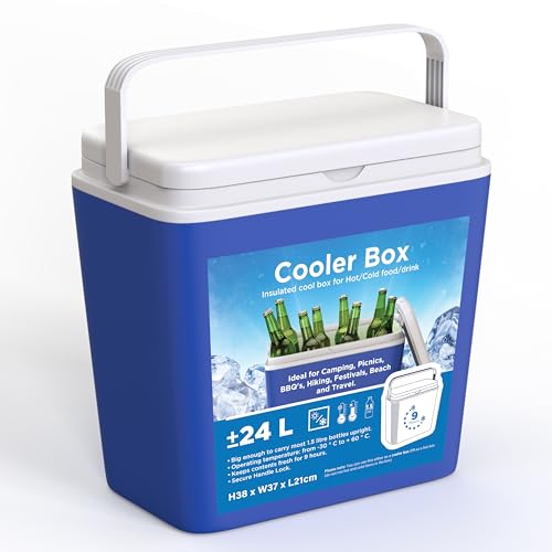 Large Cooler Box – 24 L, Insulated for Hot/Cold Food, Durable & Portable Freezer Box for Picnics, Camping BBQ, Comes with a Carry Handle, 9 Hours Cooling, Locking Lid, Blue