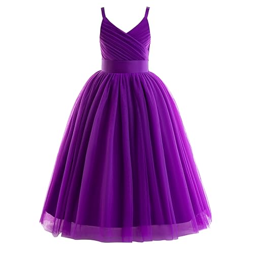 Image of Glamulice Flower Girls Spaghetti Strap Tulle Dress Long A Line Wedding Pageant Dresses Princess Birthday Party Ball Gown