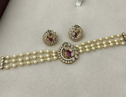 Image of Antique Gold Plated Temple Jewellery Necklace Set with Earrings for Women, Traditional Indian Bridal Necklace Set, South Indian Choker Haram Style Jewellery Set, Ethnic Wedding for Women