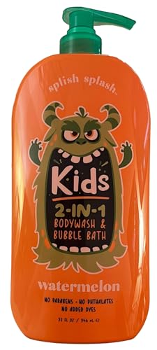 Splish Splash Kids 2-in-1 Body Wash & Bubble Bath | Tear-Free, Paraben-Free & Dye-Free | Gentle Suds for All Skin Types – Fun Bath Time for Kids – Watermelon 32 Fl Oz