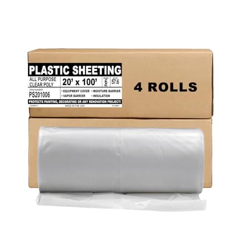 Aluf Plastics Sheeting - 4 Rolls of 20' x 100', 6 MIL Heavy Duty Gauge - Clear Vapor and Moisture Barrier Sheet Tarp/Drop Cloth for Greenhouses, Painting, Furniture Covers, Carpet Cover, Floor, Paint