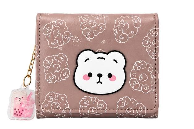 Cute Teddy Bear Print Women's Trifold Wallet with Heart ID Window, Coin Pocket, Card Holder, Cash Compartment & Keychain Charm | Compact PU Leather Mini Purse for Girls & Women | Meat Powder-image-42