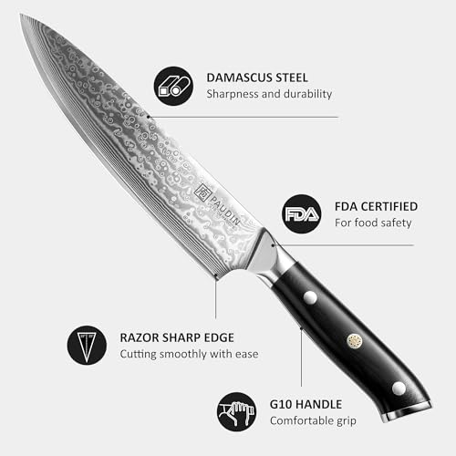Image of PAUDIN Chef Knife 8 Inch, 67-Layer Japanese VG10 Steel Core Damascus Kitchen Knife, Razor Sharp Japanese Chef Knife with Ergonomic G10 Handle for Home, Restaurant