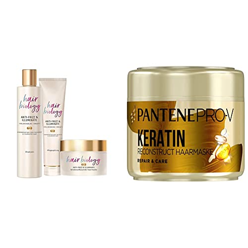 Hair Biology Haarpflege Set: 1x Anti-Frizz & Illuminate Shampoo 250 ml + 1x Pflegespülung 160 ml + 1x Haarmaske 160 ml & Pantene Pro-V Reparatur und Pflege Keratin Rekonstruieren Haarmaske, 300 ml Cover