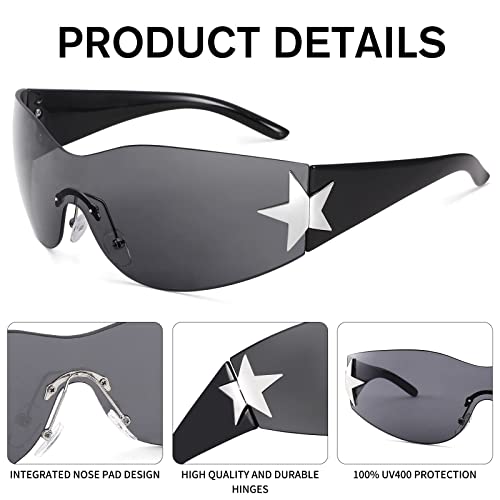 COASION Rimless Y2K Wrap Around Star Sunglasses Women Men 2000s Visor Shield Shades Oversized Fashion Frameless Sun Glasses3