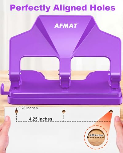 Image of AFMAT 3 Hole Punch Heavy Duty, 40-Sheet Three Hole Punch, 50% Reduced Effort, 3 Hole Puncher for Binder w /Large Chip Tray, 9 /32 inch Holes Diameter, Metal Paper Puncher for Home /Office /School,HP14(Purple)