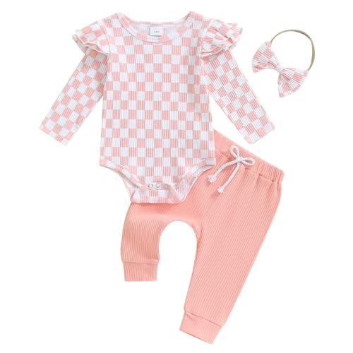 Image of Molgkyo Newborn Infant Baby Girl Clothes Ribbed Long Sleeve Ruffle Romper Long Pants Headband Sets 3Pcs Fall Winter Outfits