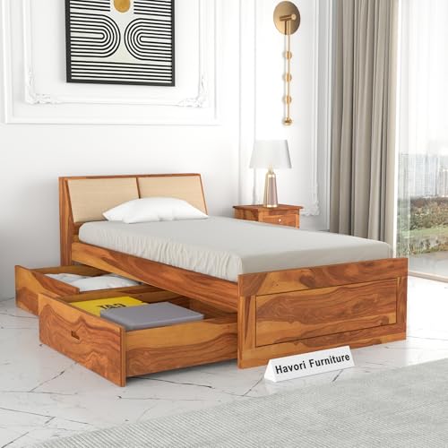 Image of Solid Sheesham Wood Single Size Bed with 2 Drawer Storage Wooden Single Cot Bed for Home Living Room Bedroom Guest Room Hotel (Honey, Size 6 * 4)
