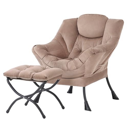 Image of Tiita Lazy Chair with Ottoman, Khaki Modern Large Accent Chair, Comfy Leisure Sofa Armchair with Ottoman, Reading Chair with Footrest for Bedroom, Living Room, Dorm Rooms, Velvet Khaki