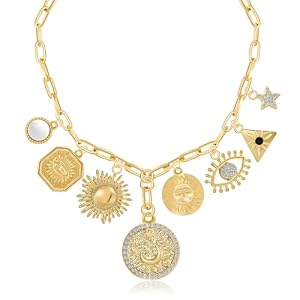 MISS RIGHT Dainty Gold Evil Eye Hamsa Hand Coin Lucky Charm Pendant Necklace for Women Trendy Vintage Paperclip Chain Sun Moon Clover Flower Chunky Charm Necklace Jewelry Gifts