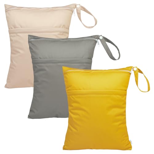 Image of babygoal Wet Dry Bags for Baby Cloth Diapers, Washable Travel Bags, Beach, Pool, Gym Bag for Swimsuits & Wet Clothes with Two Zippered Pockets 3 Pack, 3LN24