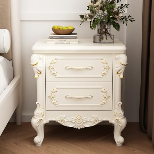 WOODTIME Accent Nightstand with 2 Drawers and Carved Patterns Wooden Night Stand Bedside Table Versatile Sofa End Bed Side Table for Bedroom Living Room Beige