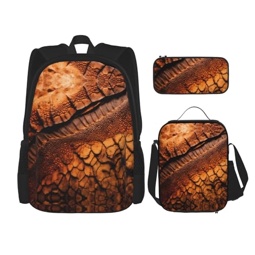 Dinosaur Pattern Print 3 Piece Backpack Set, Laptop Daypack, Lightweight Bookbag Set With Lunch Bag Pencil Case