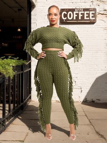 Image of Angsuttc Sweater Sets for Women Knitted Tassels 2 Piece Outfits Solid Long Sleeve Cropped Sweaters and Pants Set